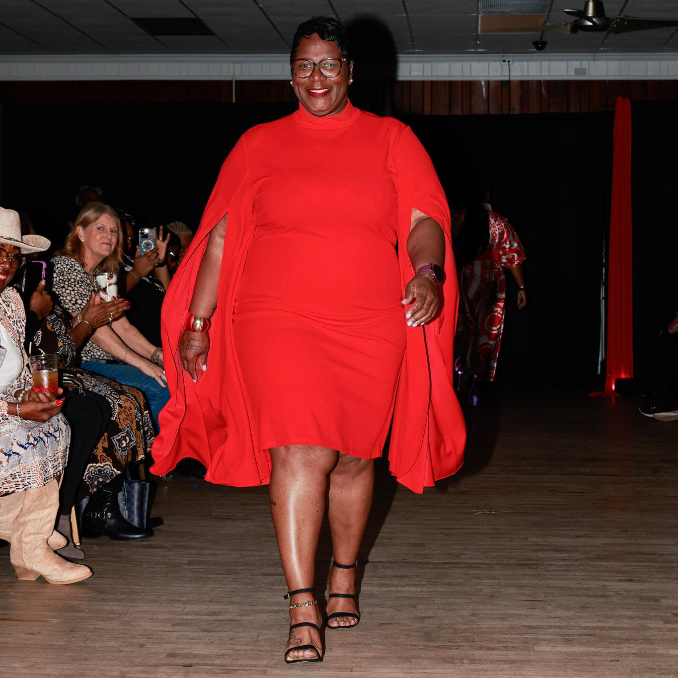 Crimson Cape-Sleeve Bodycon Dress